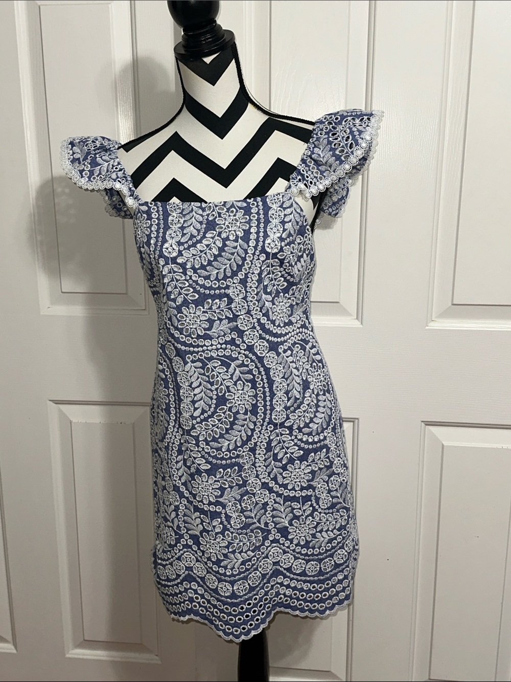 Alice + Olivia Blue and White Eyelet Square-Neck Mini Dress